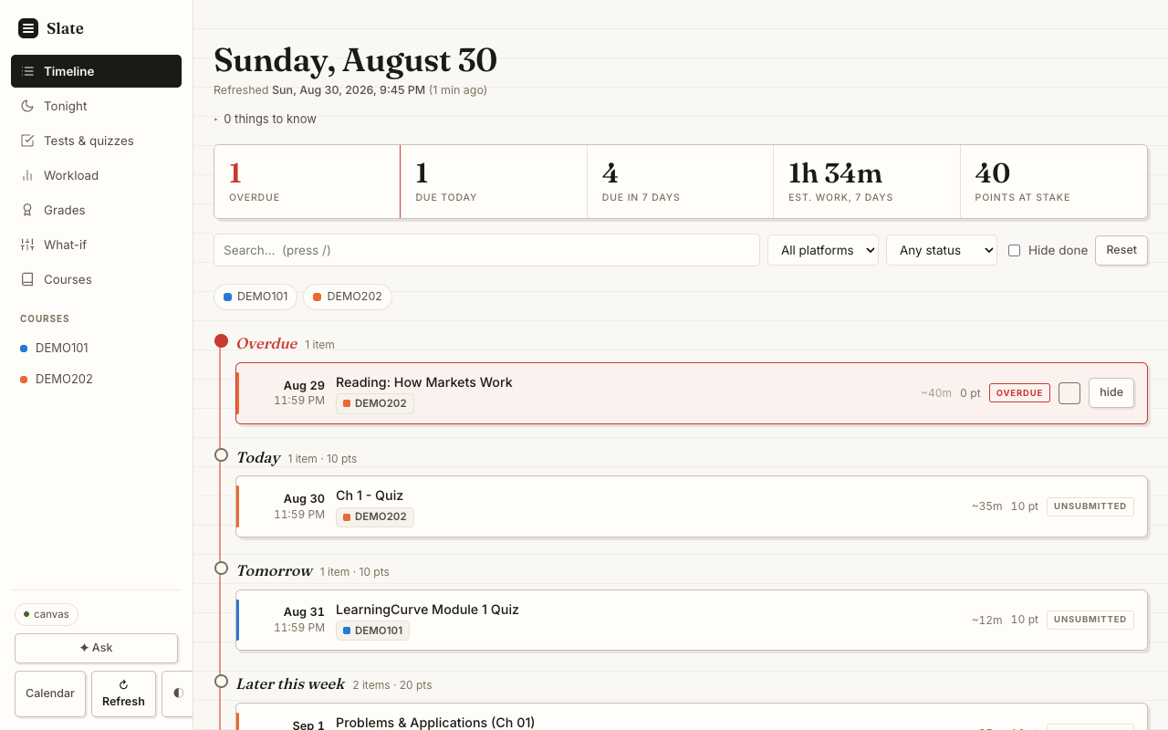 Slate's timeline: assignments grouped by Today, Tomorrow, and Later this week, each with a time estimate and points