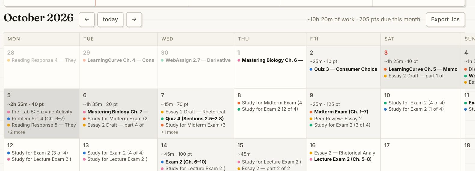 Slate's Calendar page: a month view shaded by how busy each week is