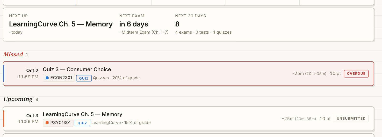 Slate's Tests and quizzes page: upcoming exams with study sessions