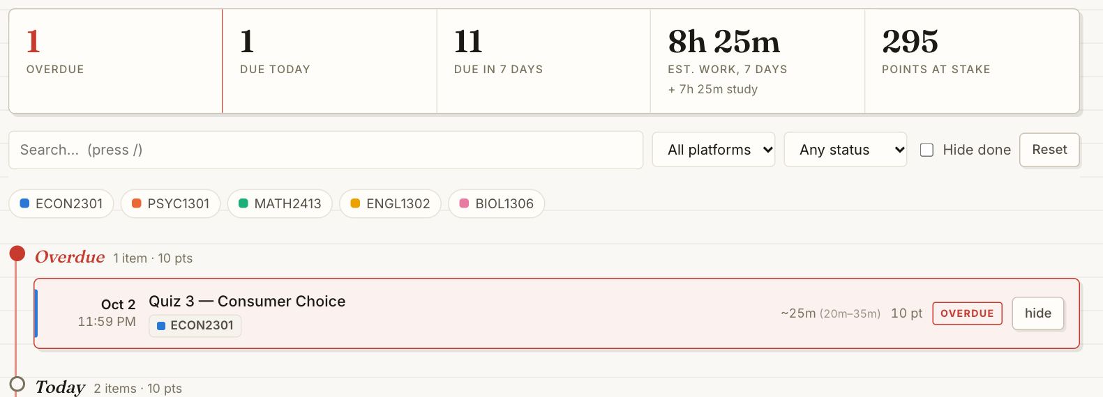 Slate's Timeline page: assignments listed by due date